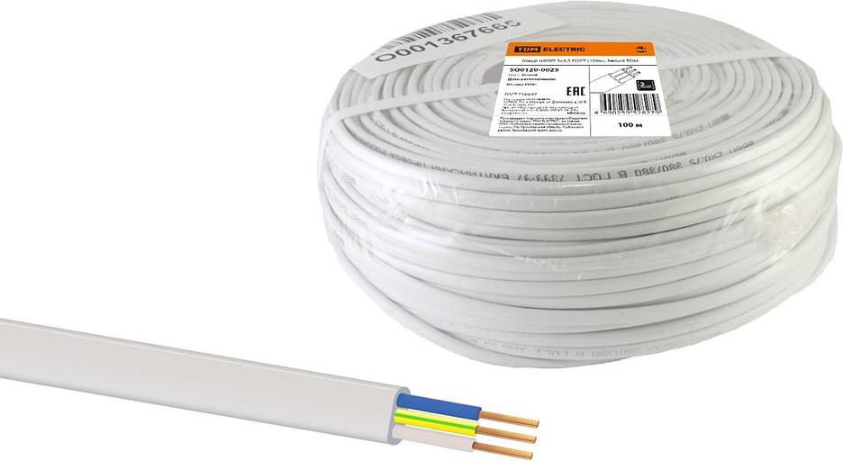 Шнур ШВВП 3х0,5 ГОСТ (100м), белый TDM фото 1