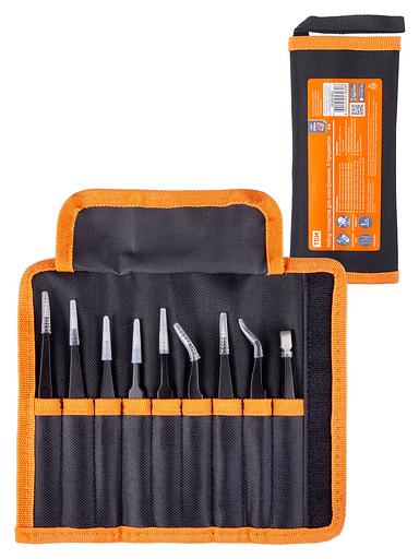 Набор пинцетов для электроники, 9 предметов, нерж., антистатич. покр., тканевый чехол, "Рубин" TDM фото 1