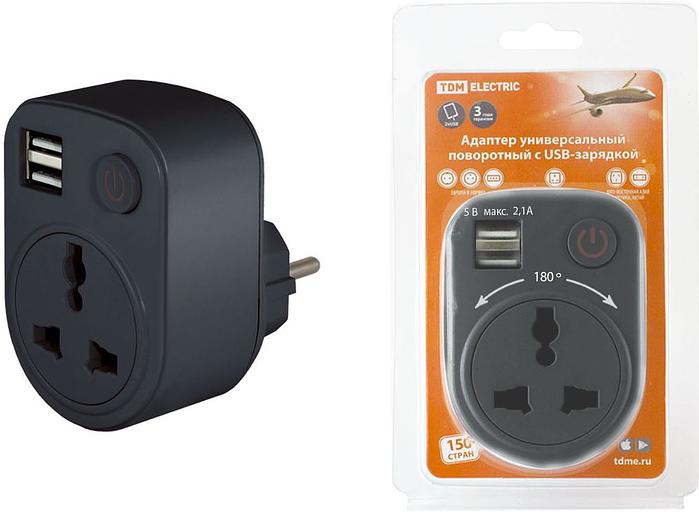 Адаптер универсальный поворотный с/з 250В 16А + 2USB 2.1A черный TDM фото 1