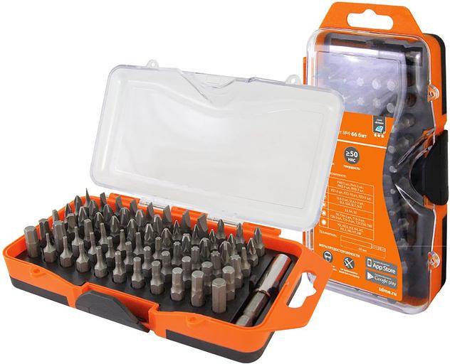 Набор бит №4, 66 бит: SL, PH, PZ, HEX, TORX, SQ, удлинитель, сталь CR-V, в пласт. держ.«Алмаз» TDM фото 1