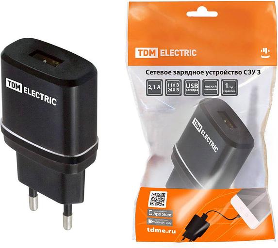 Сетевое зарядное устройство СЗУ 3, 2,1А, 1 USB, черный, TDM фото 1