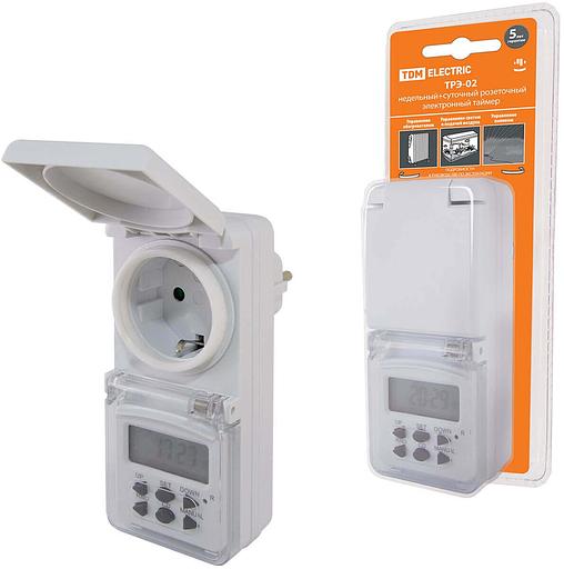 Таймер розеточный электронный ТРЭ-02 1мин/7дн-10on/off-8А (недельный, защита от влаги) TDM фото 1