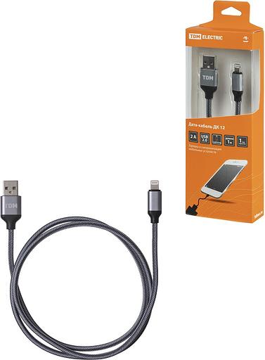Дата-кабель, ДК 12, USB - Lightning, 1м, тканевая оплетка, серый, TDM фото 1