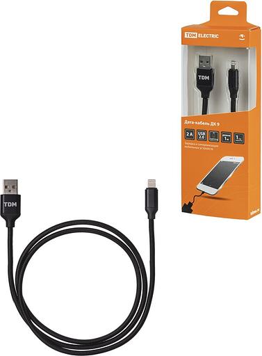 Дата-кабель, ДК 9, USB - Lightning, 1 м, тканевая оплетка, черный, TDM фото 1