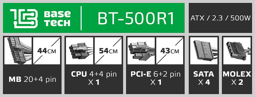 Блок питания ATX BaseTech R1, 500W, Bulk (BT-500R1) фото 3
