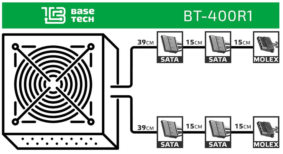 Блок питания ATX BaseTech R1, 400W, Bulk (BT-400R1) фото 3