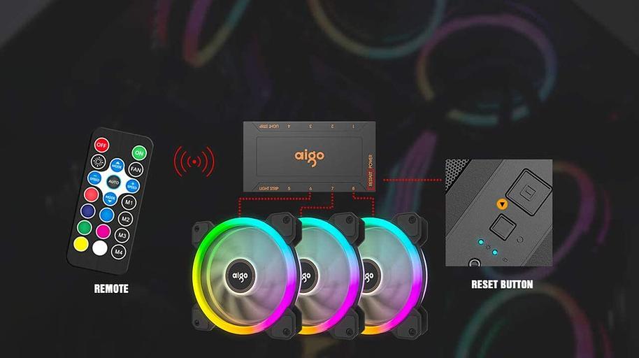 Набор из 5 вентиляторов Aigo DR12 KIT, 120мм, 1200rpm, 6-pin, черный/ARGB, 38CFM, 16дБ, контроллер на магнитах, пульт ду (AG-DR12-5) фото 5