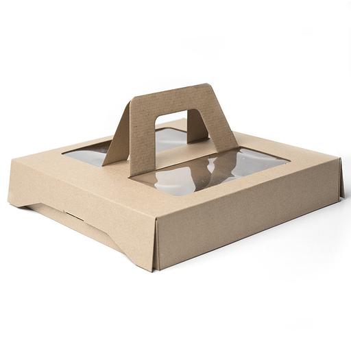 Коробка для торта 2 окна с ручками Крафт 31х31х6 см фото 1