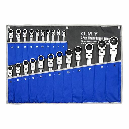 Набор комбинированных ключей с трещоткой и шарниром 6-32 мм 22шт OMY-22pcs-SH фото 1