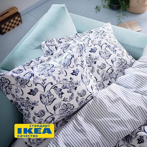 Пододеяльник 1,5 спальный, наволочка МАГНОЛИЯ (ИКЕА ЮНИМАГНОЛИЯ) 150x200/50x70, белый/темно-синий, поплин KL-50493288 фото 1