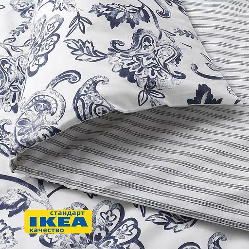 Пододеяльник 1,5 спальный, наволочка МАГНОЛИЯ (ИКЕА ЮНИМАГНОЛИЯ) 150x200/50x70, белый/темно-синий, поплин KL-50493288 фото 4