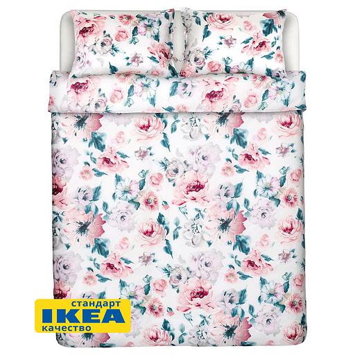 Пододеяльник евро, 2 наволочки ПЛАТАН (ИКЕА ПЛАТТМАЛ) 200x200/50x70, цветочный орнамент/белый, сатин KL-50519759 фото 2