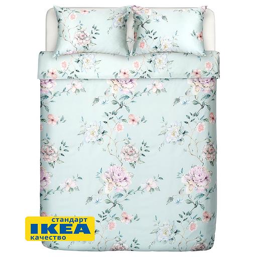 Пододеяльник евро, 2 наволочки ПЛАТАН (ИКЕА ПЛАТТМАЛ) 200x200/50x70, цветочный орнамент/зеленый, сатин KL-30519760 фото 3