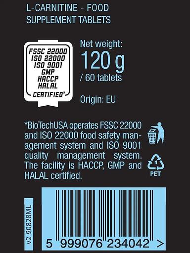 Л-карнитин Biotech USA L-Carnitine 1000 мг 60 таб ОПТ фото 2