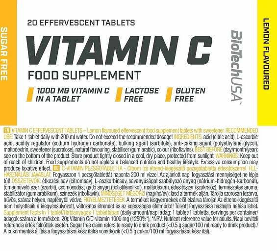 Витамин C в шипучей форме BiotechUSA Vitamin C Effervescent 1000 мг 20 таб лимон ОПТ фото 2