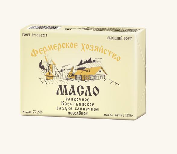 Масло сливочное крестьянское сладко-сливочное несоленое ТМ «Фермерское хозяйство» 72,5% 180 г, фото 1