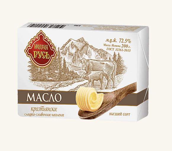 Масло сливочное крестьянское сладко-сливочное несоленое ТМ «Щедрая Русь» 72,5% 200 г фото 1