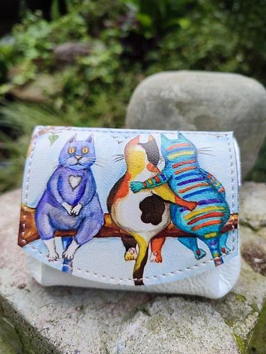 Кошелек кожаный с ремешком «Коты на ветке» ОПТ фото 1