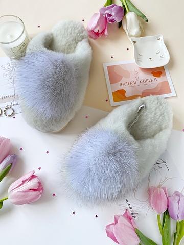 Меховые тапочки c помпоном песец+овчина фото 2