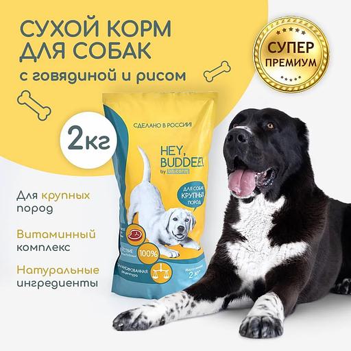 Сухой полнорационный корм для взрослых собак крупных пород, с говядиной и рисом, 2 кг фото 1