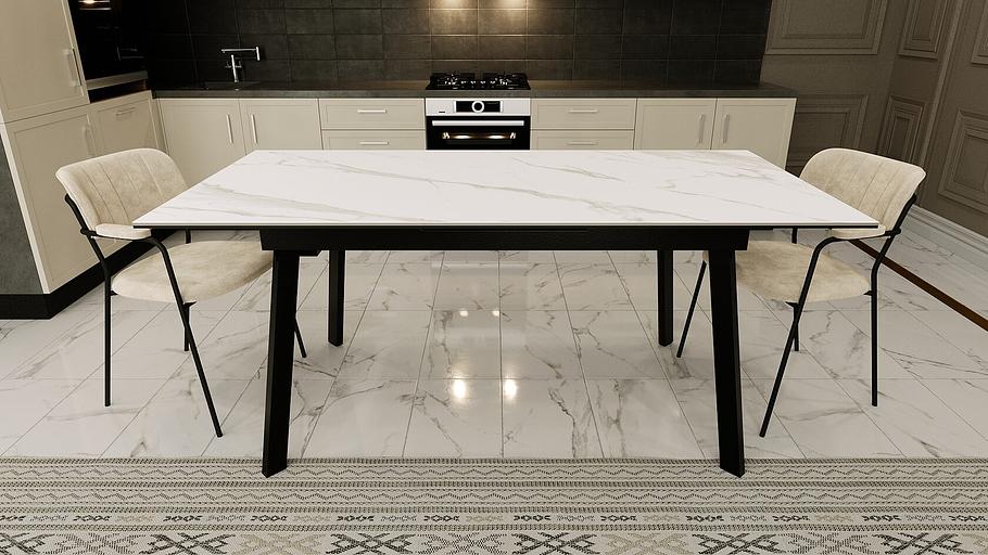 Стол Zeus тип 1, 140(+40)x90 см чёрный муар, керамика белый мрамор фото 2