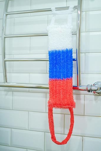 Мочалка вязаная из полипропиленовой нити (110 текс) «Флаг» 42х14 см, махра 15 мм ОПТ фото 2