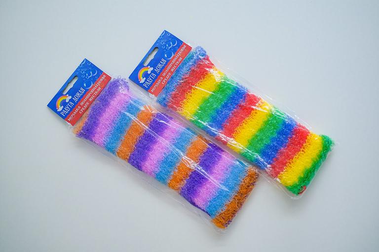 Мочалка вязаная из полипропиленовой нити (110 текс) «Радуга дождя» 42х14 см, махра 15 мм ОПТ фото 1