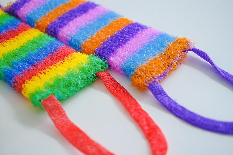 Мочалка вязаная из полипропиленовой нити (110 текс) «Радуга дождя» 42х14 см, махра 15 мм ОПТ фото 4