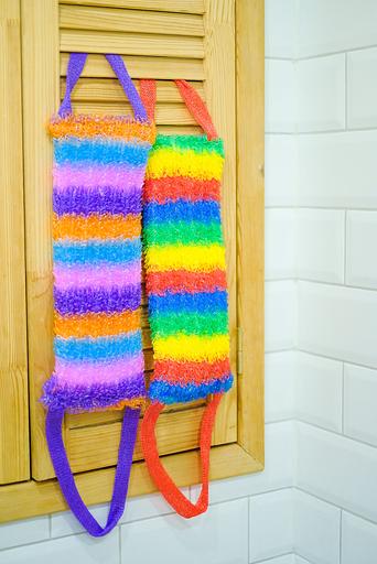 Мочалка вязаная из полипропиленовой нити (110 текс) «Радуга дождя» 42х14 см, махра 15 мм ОПТ фото 5