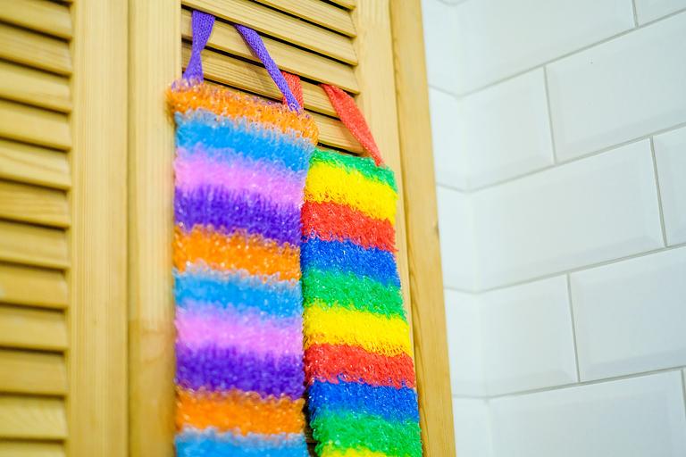 Мочалка вязаная из полипропиленовой нити (110 текс) «Радуга дождя» 42х14 см, махра 15 мм ОПТ фото 6