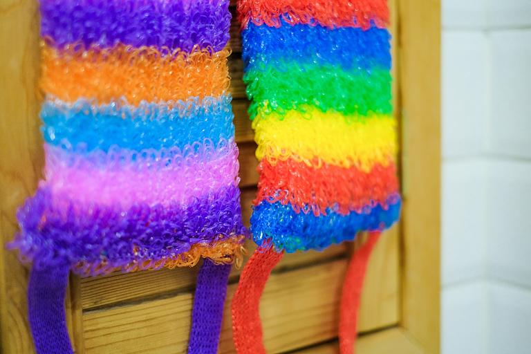Мочалка вязаная из полипропиленовой нити (110 текс) «Радуга дождя» 42х14 см, махра 15 мм ОПТ фото 7