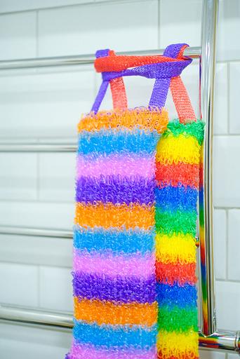 Мочалка вязаная из полипропиленовой нити (110 текс) «Радуга дождя» 42х14 см, махра 15 мм ОПТ фото 8