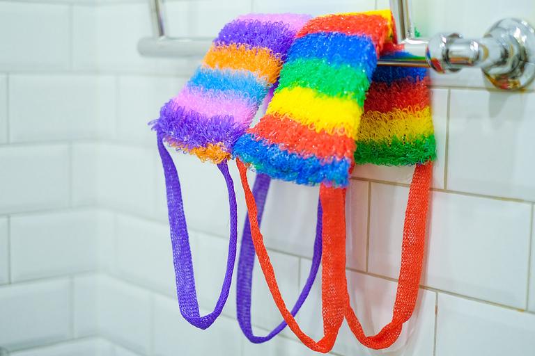 Мочалка вязаная из полипропиленовой нити (110 текс) «Радуга дождя» 42х14 см, махра 15 мм ОПТ фото 9