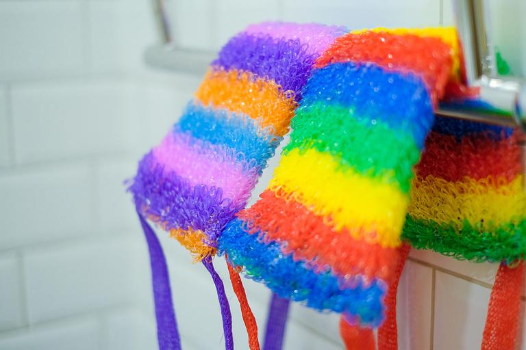 Мочалка вязаная из полипропиленовой нити (110 текс) «Радуга дождя» 42х14 см, махра 15 мм ОПТ фото 10