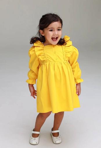 Платье для девочки из хлопка с длинным рукавом цвет желтый ОПТ фото 2