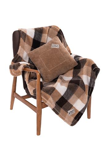Комплект Woollamb подушка 40×40 см + плед меховой клетка коричневый 100×140 см, опт фото 1